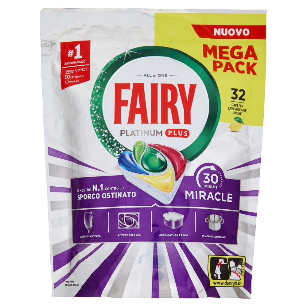 Fairy Pastiglie Lavastoviglie Platinum Plus All in One Miracle, Detersivo Piatti Limone 32 Caps 527g
